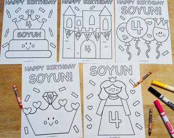 Princess Birthday Coloring Pages for Kids, Set of 5, Princess Party Activity, Princess Party Favor, Personalized Princess Coloring Pages