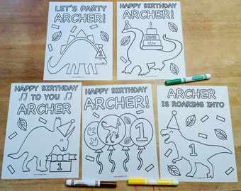 Personalized Dinosaur Theme Birthday Coloring Pages for Kids, Set of 5, Dinosaur Birthday Party Activity, Dinosaur Birthday Party Favor