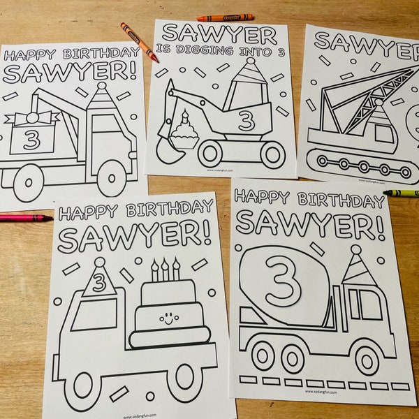 Construction Themed Birthday Coloring Pages for Kids, Set of 5