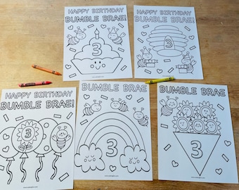 Bee Themed Birthday Coloring Pages for Kids, Set of 5