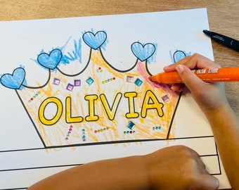 Personalized Paper Crowns, Printable Custom Crowns to Color, Princess Coloring Crown, Name Coloring, Cut and Color Crown Craft, Party Crown