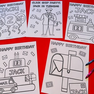 May include: Five black and white colouring pages featuring a mail truck, a mailbox, a birthday cake, and a postman. The pages are titled "Happy Birthday Jack!" and "Click Ship Party! Jack is Turning 2".