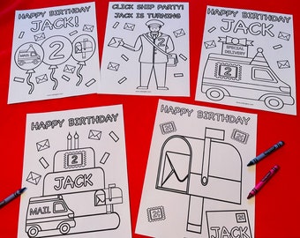 Postal Themed Birthday Party Activity, Mailman Themed Birthday Coloring Pages, Set of 5