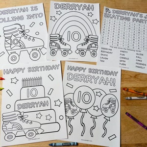 May include: Four black and white printable colouring pages for a 10th birthday party. The pages feature a roller skate, a rainbow, a cake, and balloons. The name "Derryah" is written on each page.