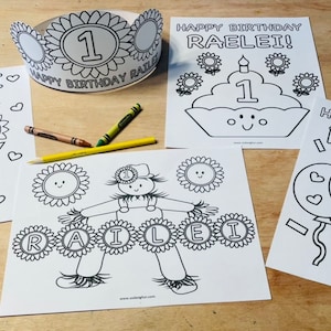 Sunflower Birthday Coloring Pages for Kids, Kids&#39; Sunflower Themed Birthday Activity, 1 Personalized Sunflower Crown and 4 Coloring Pages