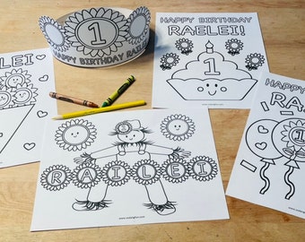 Sunflower Birthday Coloring Pages for Kids, Kids' Sunflower Themed Birthday Activity, 1 Personalized Sunflower Crown and 4 Coloring Pages
