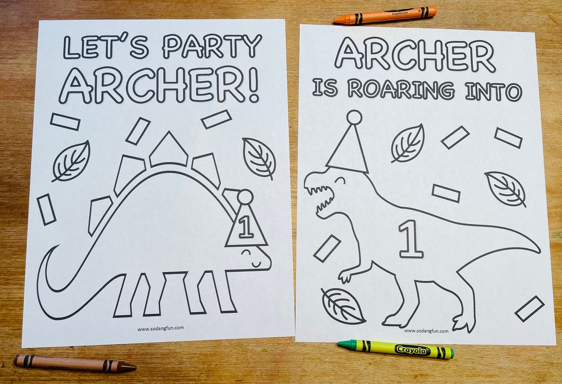 Personalized Dinosaur Theme Birthday Coloring Pages for Kids, Set of 5 ...