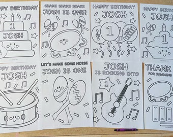 Personalized Music Birthday Coloring Pages, Music Birthday Coloring Book, Set of 8, Kids Music Birthday Party Activity, Music Party Favor