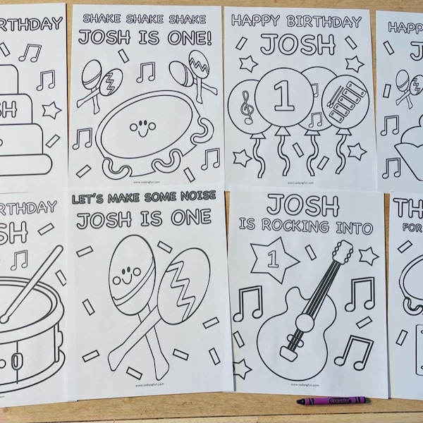 Personalized Music Birthday Coloring Pages, Music Birthday Coloring Book, Set of 8, Kids Music Birthday Party Activity, Music Party Favor