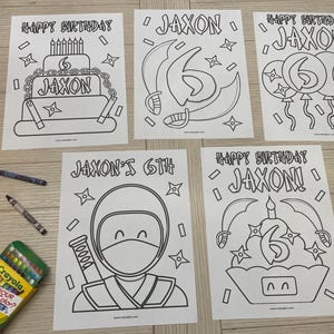 Personalized Ninja Birthday Coloring Pages, Set of 5