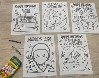 Personalized Ninja Birthday Coloring Pages, Set of 5