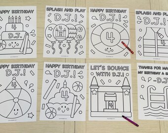 Splash and Play Birthday Party Coloring Pages Set of 8, Pool Party, Bounce House