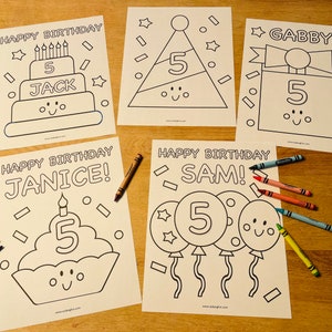 Páginas para colorir de aniversário personalizadas para crianças, atividades de festa de aniversário infantil, conjunto de 5 folhas para colorir de festa de aniversário, lindo aniversário personalizado