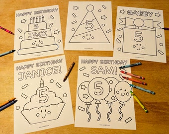 Personalized Birthday Coloring Pages for Kids, Kids Birthday Party Activity, Birthday Party Coloring Sheets Set of 5, Cute Custom Birthday