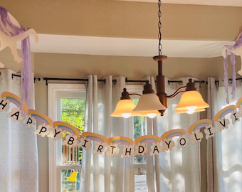 Banner de cumpleaños de arco iris personalizado, decoraciones de cumpleaños de arco iris personalizadas, nombre de arco iris personalizado, conjunto de 3 pancartas de arco iris, accesorios fotográficos