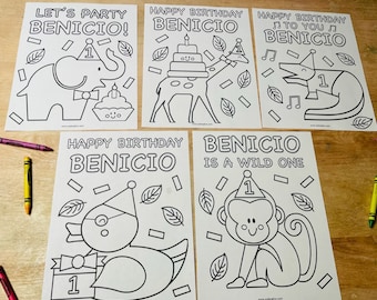 Party Animal Birthday Coloring Pages Set of 5, Animal Birthday Party, Safari Theme Birthday Party Activity, Animal Birthday Party Favor