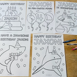 Personalized Shark Birthday Coloring Pages for Kids, Set of 5, Shark Birthday Party Activity, Shark Pool Party Favors