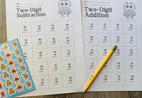 Second Grade Math Worksheets, two digit addition, subtraction, with regrouping, telling time worksheets, with Robot Coloring Pages