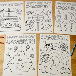 Candy Theme Birthday Coloring Pages for Kids, Kids Birthday Party Activity, Set of 5, Candy Birthday Party Favor image 1