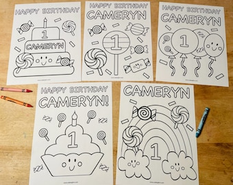 May include: Four black and white coloring pages featuring a birthday theme with the name "Cameryn" and the number "1". The pages include a cake, a cupcake, balloons, and a rainbow.