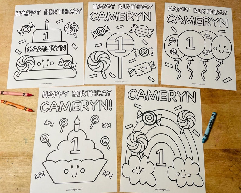 Candy Theme Birthday Coloring Pages for Kids, Kids Birthday Party Activity, Set of 5, Candy Birthday Party Favor image 1