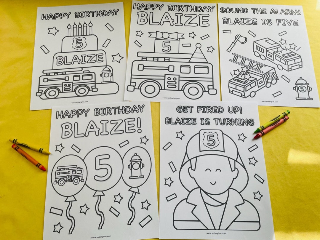 Fire Truck Birthday Coloring Pages for Kids, Set of 5, Fire Truck Birthday Party Activity ...
