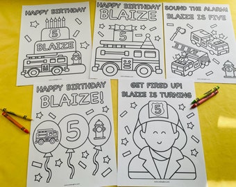 Fire Truck Birthday Coloring Pages for Kids, Set of 5, Fire Truck Birthday Party Activity, Fireman Birthday Party Favors, Firefighter Play
