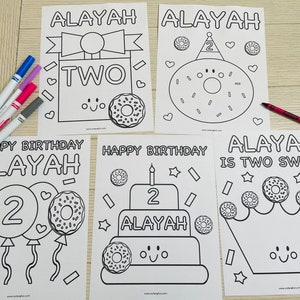 Donut Theme Birthday Coloring Pages, Two Sweet Theme Birthday Coloring, Donut Party Activity, Set of 5