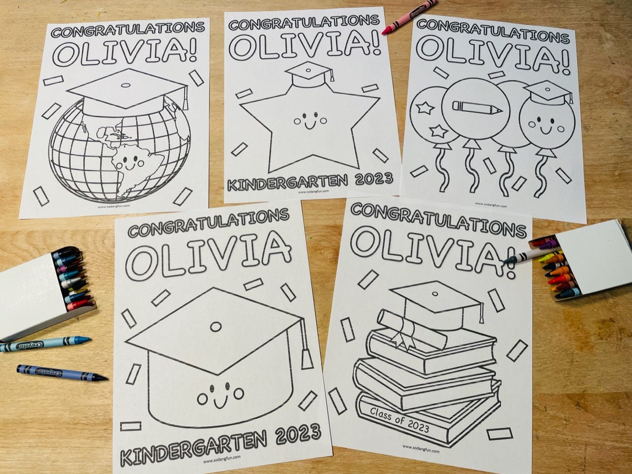 Personalized Graduation Coloring Pages for Kids, Graduation Party Activity, End of School Year Coloring Pages Set of 5, Custom Graduation
