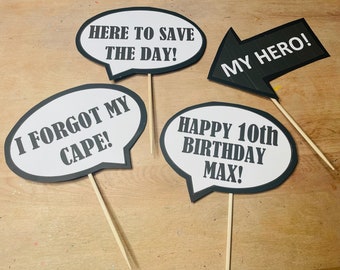 Personalized Superhero Birthday Photo Props, Superhero Birthday Party Activity, Comic Word Bursts, Set of 20