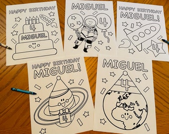 Personalized Space Themed Birthday Coloring Pages for Kids, Set of 5