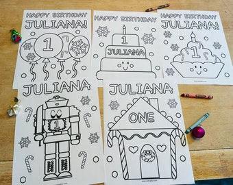 May include: Five black and white coloring pages featuring a birthday theme with the name Juliana and the number one. The pages include a cake, balloons, a cupcake, a gingerbread house, and a nutcracker.