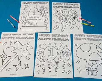 Fairy Birthday Coloring Pages for Kids, Set of 5, Fairy Birthday Party Activity, Fairy Birthday Party Favor, Custom Fairy Coloring Pages