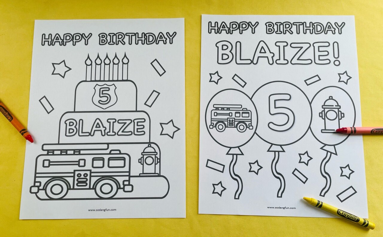 Fire Truck Birthday Coloring Pages for Kids, Set of 5, Fire Truck ...