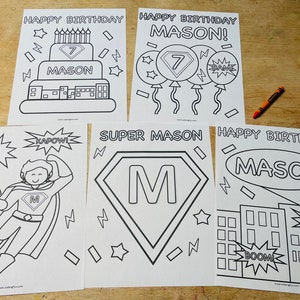 Personalized Superhero Birthday Coloring Pages Set of 5, Superhero Birthday Party Favor, Superhero Coloring Pages for Kids