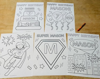 May include: Four black and white coloring pages featuring a superhero theme. The pages include a birthday cake, balloons, a superhero, and a cityscape. The name "Mason" is featured on each page.