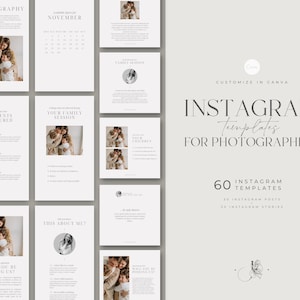 Puede incluir: Un conjunto de 60 plantillas de Instagram personalizables para fotógrafos, con un diseño minimalista y una paleta de colores neutros. Las plantillas incluyen 30 publicaciones de Instagram y 30 historias de Instagram.