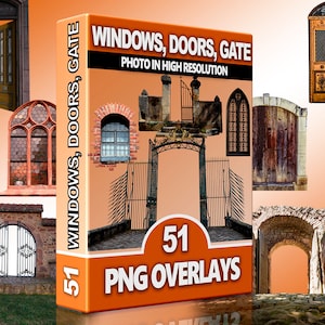 Superposiciones PNG de ventanas, portones y puertas: imágenes prediseñadas de arquitectura transparentes para Photoshop, scrapbooking y diseño digital