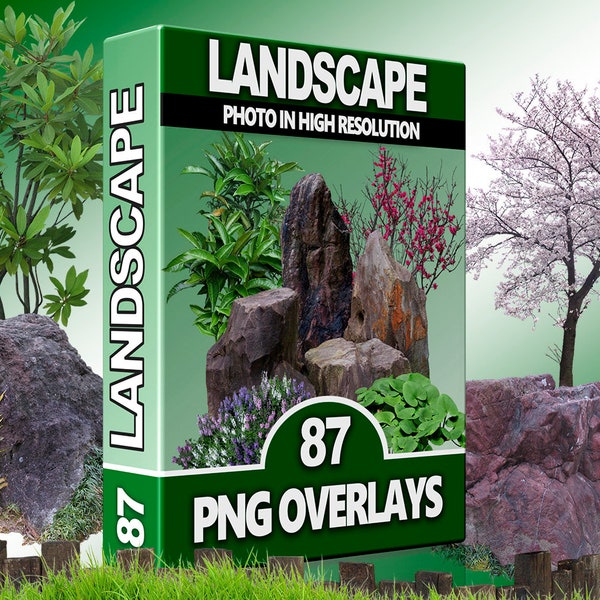Landscape Overlay, Garden PNG, Bushes Clipart, Ornamental Stones, Trees, Landscaping, Garden Composition, Grass, Digital Download, Composite