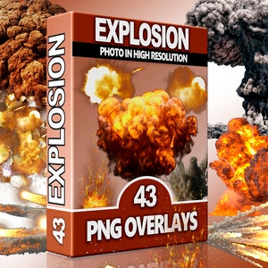 Może przedstawiać: Zbiór 43 nakładek PNG o wysokiej rozdzielczości przedstawiających różne eksplozje w różnych etapach. Obrazy obejmują ogniste pomarańczowe i żółte eksplozje, czarne kłęby dymu i jasne białe błyski.