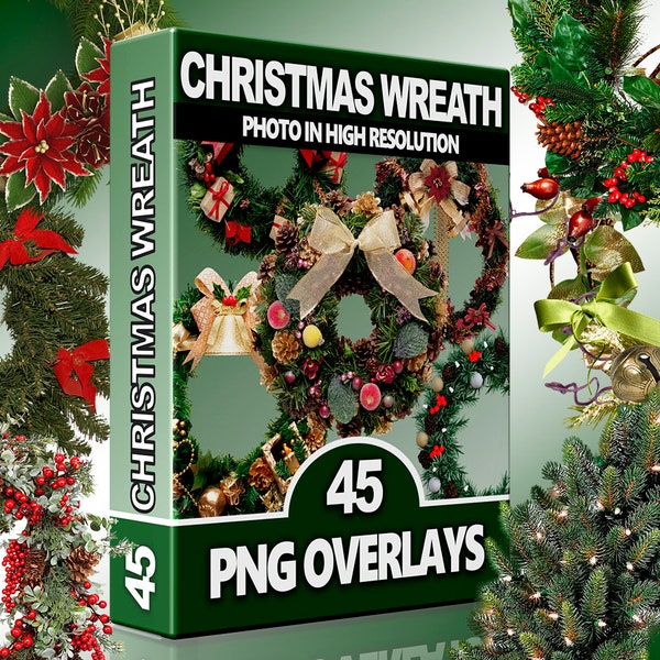 Christmas wreath Clipart, Merry Christmas overlays, Xmas decor PNG, Floral Holiday wreath, New Year Wreath, Wedding Cricut, Photoshop