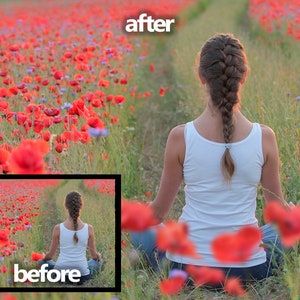 K&ouml;nnte beinhalten: Eine Frau sitzt im Schneidersitz in einem Feld mit roten Mohnblumen, mit dem R&uuml;cken zur Kamera. Das Bild ist in zwei Abschnitte geteilt, wobei die linke Seite die Frau in einem Feld mit Mohnblumen zeigt und die rechte Seite die Frau in einem Feld mit Mohnblumen zeigt, &uuml;ber ihrem Kopf steht das Wort "nachher". Die linke Seite des Bildes ist mit "vorher" beschriftet.