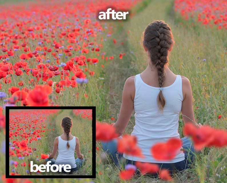 K&ouml;nnte beinhalten: Eine Frau sitzt im Schneidersitz in einem Feld mit roten Mohnblumen, mit dem R&uuml;cken zur Kamera. Das Bild ist in zwei Abschnitte geteilt, wobei die linke Seite die Frau in einem Feld mit Mohnblumen zeigt und die rechte Seite die Frau in einem Feld mit Mohnblumen zeigt, &uuml;ber ihrem Kopf steht das Wort "nachher". Die linke Seite des Bildes ist mit "vorher" beschriftet.