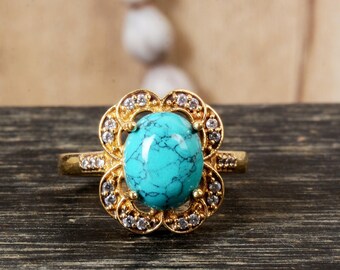 Bague Turquoise Naturelle Plaquée Or 18k – Argent 925 – Taille 5 à 11 – Fait Main – Neuf