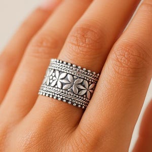 925 Sterling Silver Floral Band Ring, Wide Boho Statement Ring for Women, Handmade Ethnic Jewelry, Gift for Her, Adjustable Design
