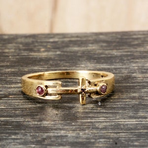 Gold Cross Ring with Garnet: Boho Christian Brass Jewelry