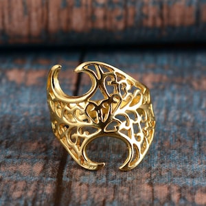 Flower of Life,Long Ring,Chunky Statement Jewelry,18K Gold Plated Beautiful Ring for Women,Boho Bohemian Rings, Wide Large Full Finger Big