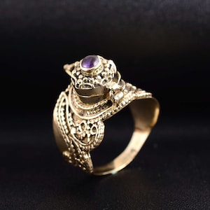 Brass Amethyst Poison Ring, Vintage Secret Locket Jewelry, Hidden Compartment Boho Statement Ring, Unique Handmade Gift for Women