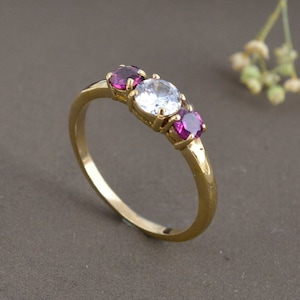18K Gold Multistone Ring, Zircon & Pink garnet Ring, Handmade Ring, Statement Ring, Boho Ring, Wedding Ring, Engagement Ring, Gift For Her