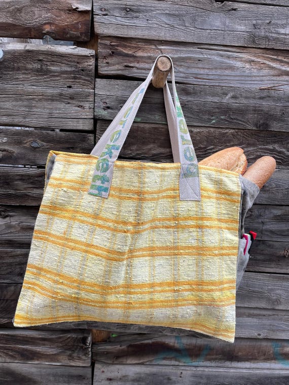 Vintage Anatolian Rug Tote, Handwoven Striped Market Bag